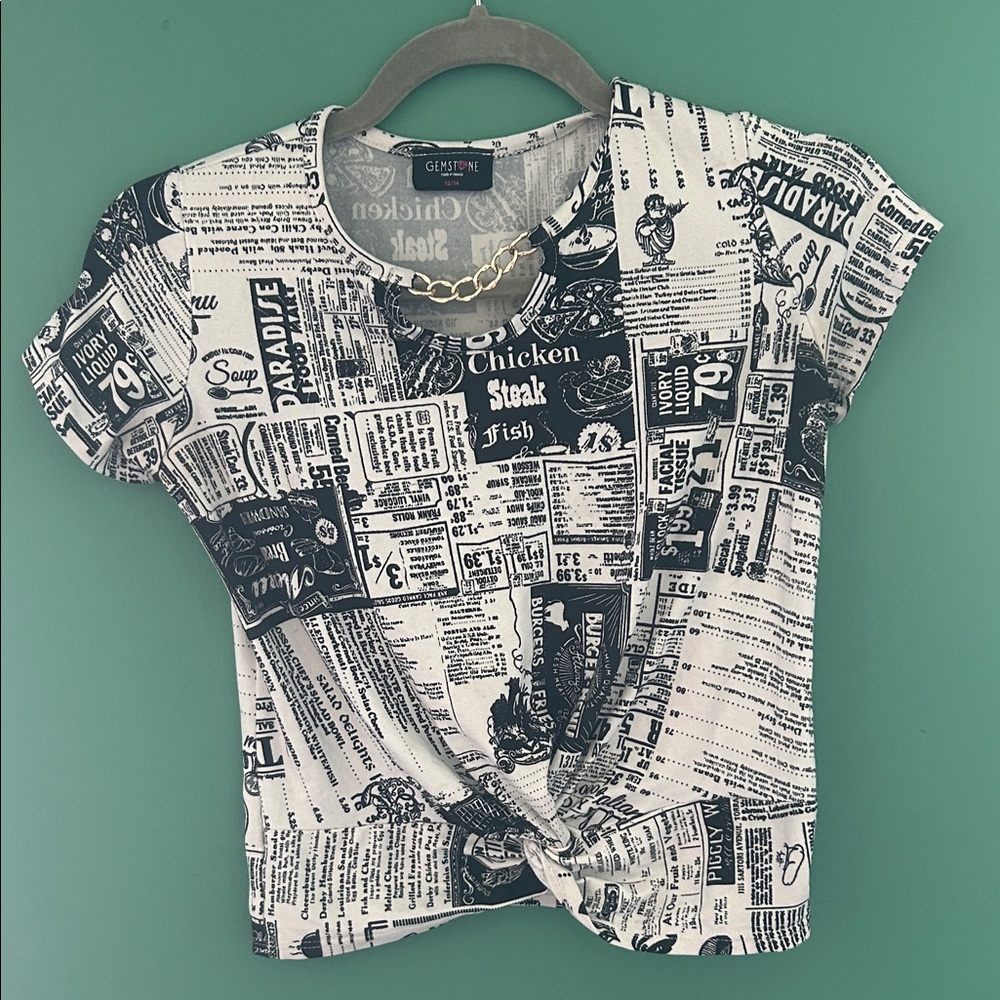 Gildan Black and White Newspaper Print top
